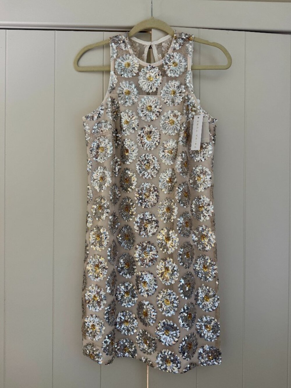 NWT Trina Turk Johana Daisy Sequin Cocktail Dress Silver Gold S